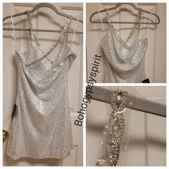 NWT Lulu's Silver Sequin Cowl Neck Mini Dress With Rhinestone Straps - Picture 14 of 16